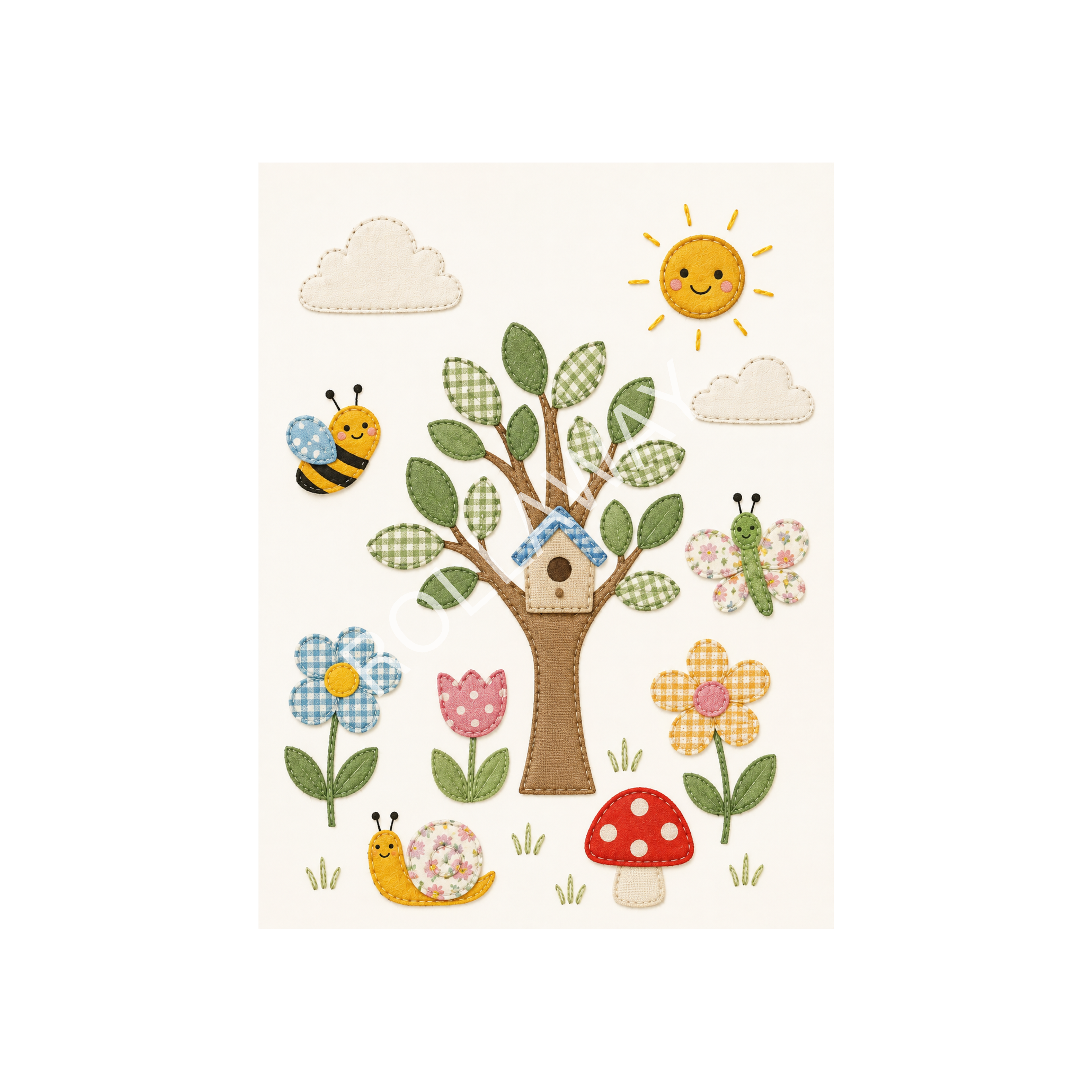 Woodland Garden Nursery Print – Fabric Style Tree, Flowers & Animals Wall Art